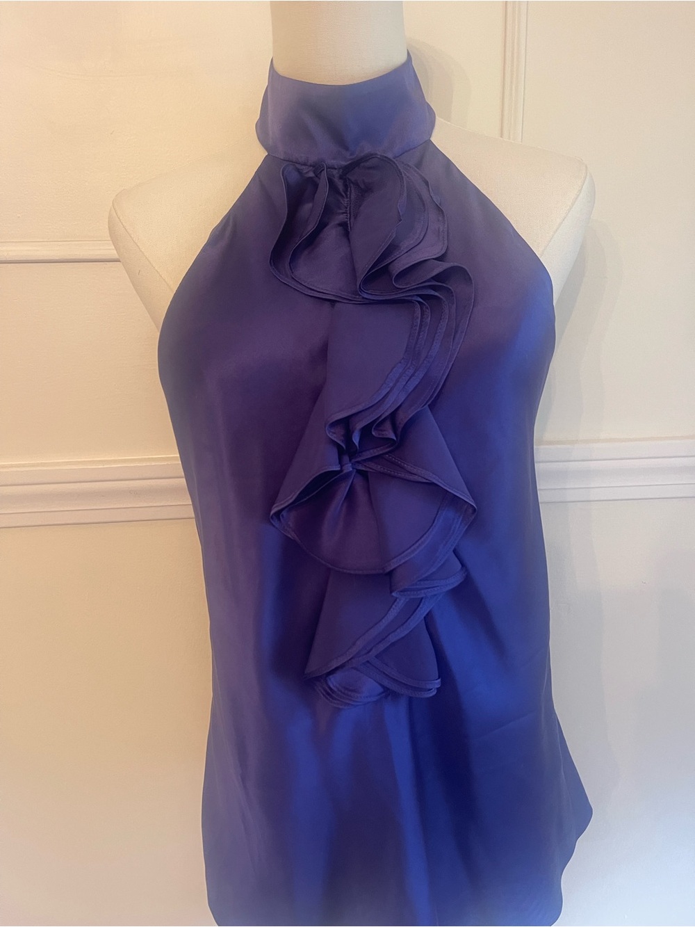 Luxurious Womens Royal Purple Tibis 100% Silk Ruffle Halter Neck Top